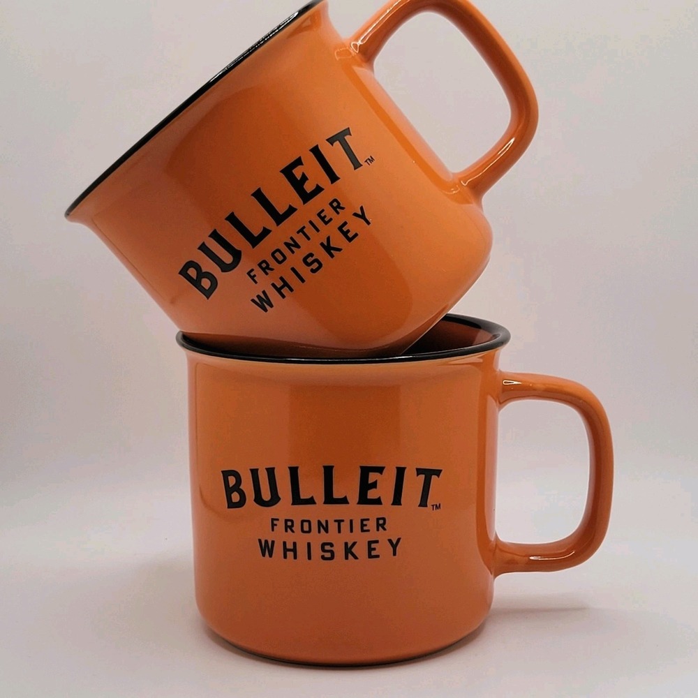 Bulleit Frontier Whiskey Campfire Mugs Set of 2 Orange Ceramic Bourbon Coffee